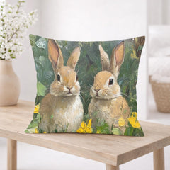 Spring Bunny Pair Pillow, Cottage Garden Rabbits Cushion, Whimsical Woodland Throw Pillow, Farmhouse Animal Pillowcase, Bunny Lover Decor