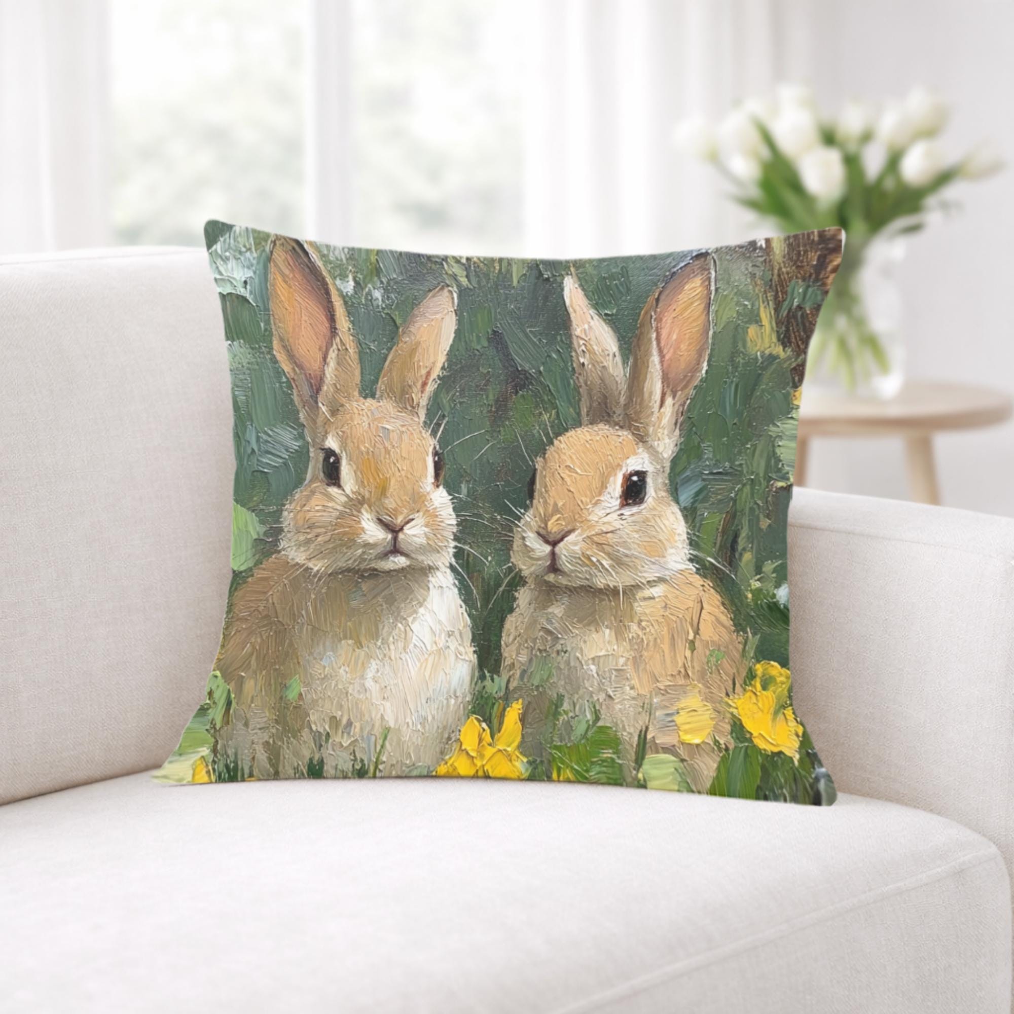 Spring Bunny Pair Pillow, Cottage Garden Rabbits Cushion, Whimsical Woodland Throw Pillow, Farmhouse Animal Pillowcase, Bunny Lover Decor