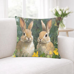 Spring Bunny Pair Pillow, Cottage Garden Rabbits Cushion, Whimsical Woodland Throw Pillow, Farmhouse Animal Pillowcase, Bunny Lover Decor