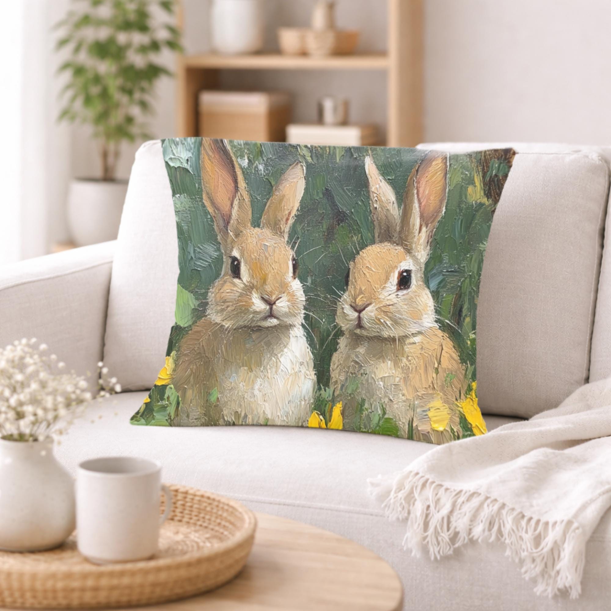 Spring Bunny Pair Pillow, Cottage Garden Rabbits Cushion, Whimsical Woodland Throw Pillow, Farmhouse Animal Pillowcase, Bunny Lover Decor