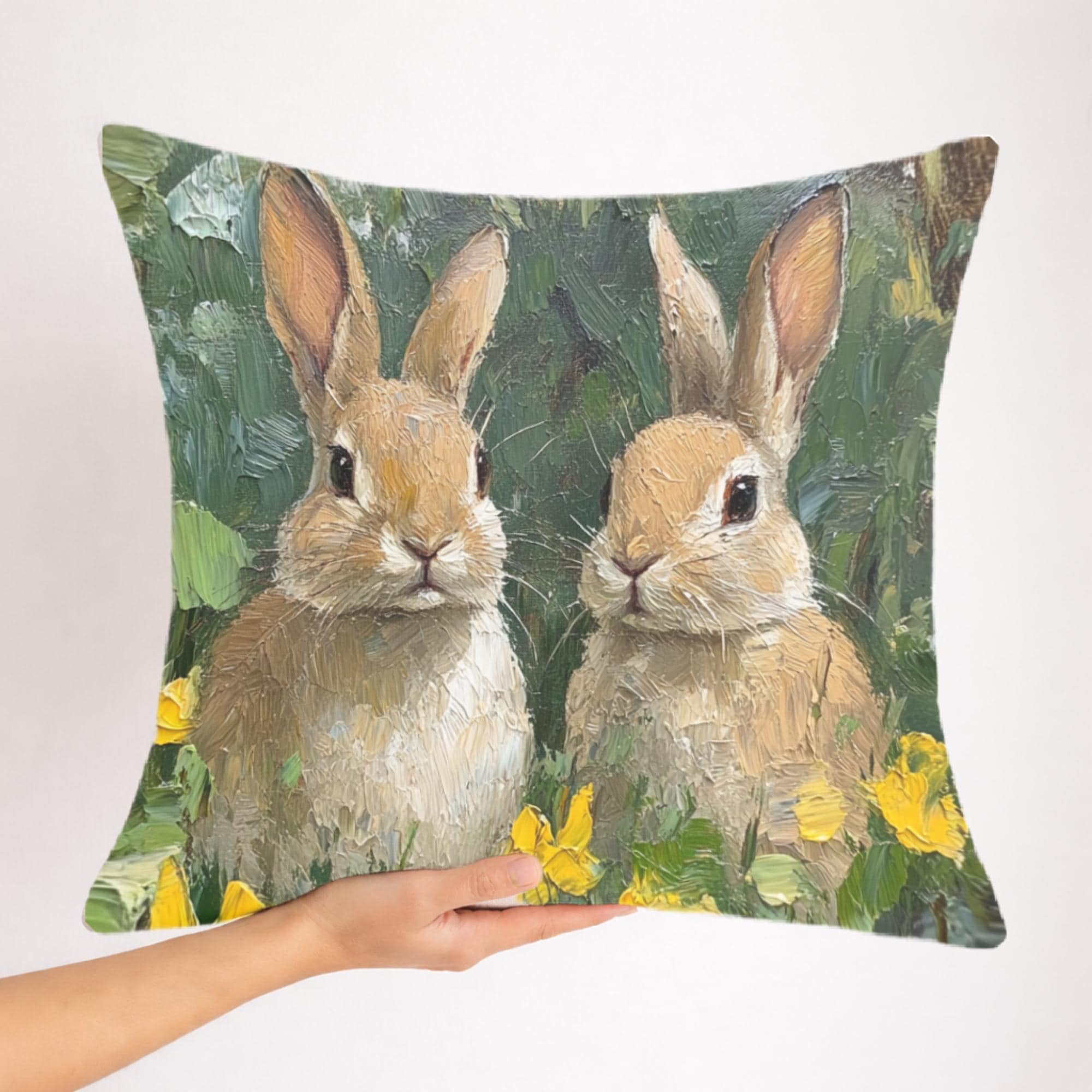 Spring Bunny Pair Pillow, Cottage Garden Rabbits Cushion, Whimsical Woodland Throw Pillow, Farmhouse Animal Pillowcase, Bunny Lover Decor
