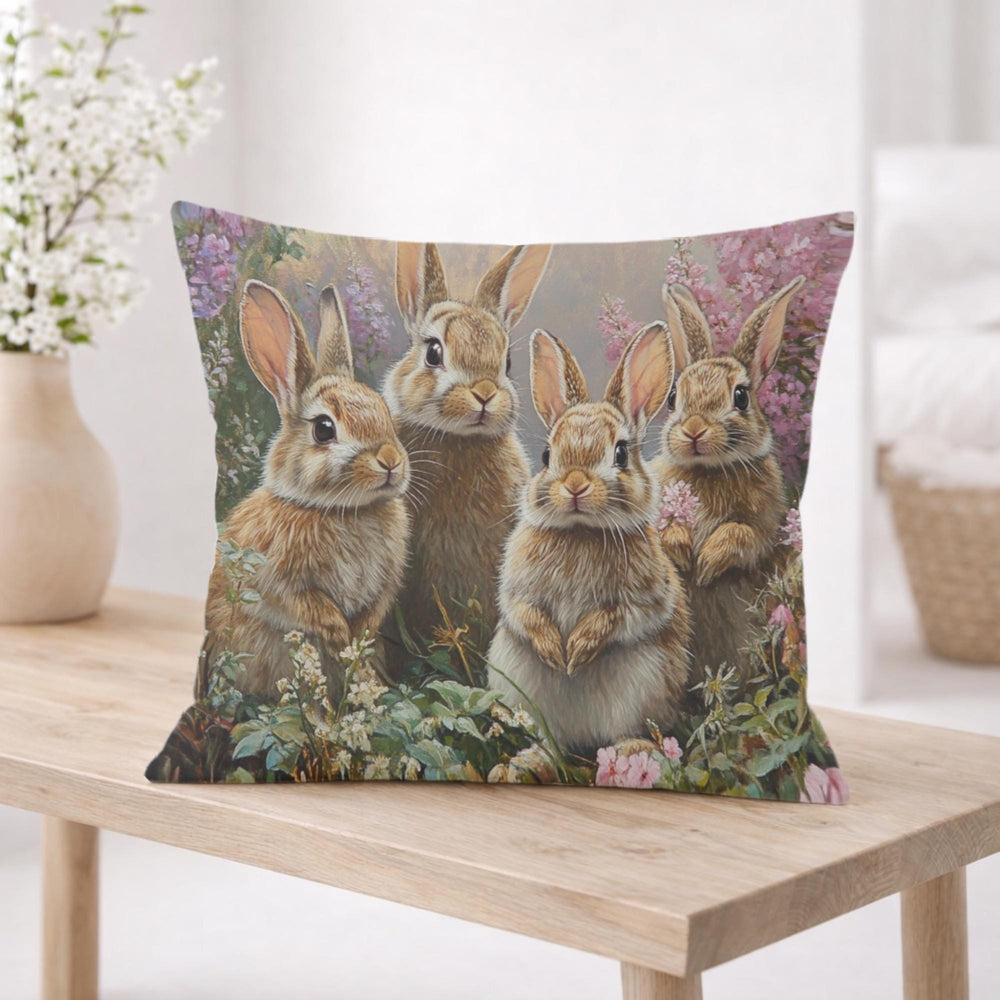 Spring Bunny Family Pillow, Cottage Garden Rabbits Cushion, Whimsical Woodland Throw Pillow, Farmhouse Animal Pillowcase, Spring Couch Decor