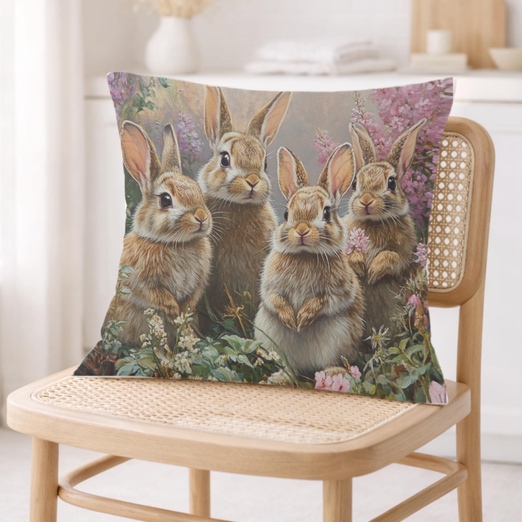 Spring Bunny Family Pillow, Cottage Garden Rabbits Cushion, Whimsical Woodland Throw Pillow, Farmhouse Animal Pillowcase, Spring Couch Decor