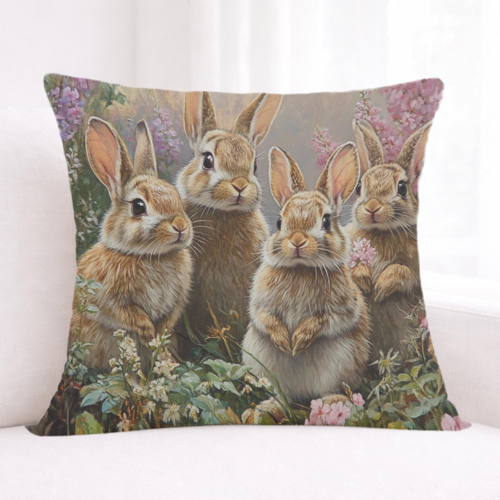Spring Bunny Family Pillow, Cottage Garden Rabbits Cushion, Whimsical Woodland Throw Pillow, Farmhouse Animal Pillowcase, Spring Couch Decor