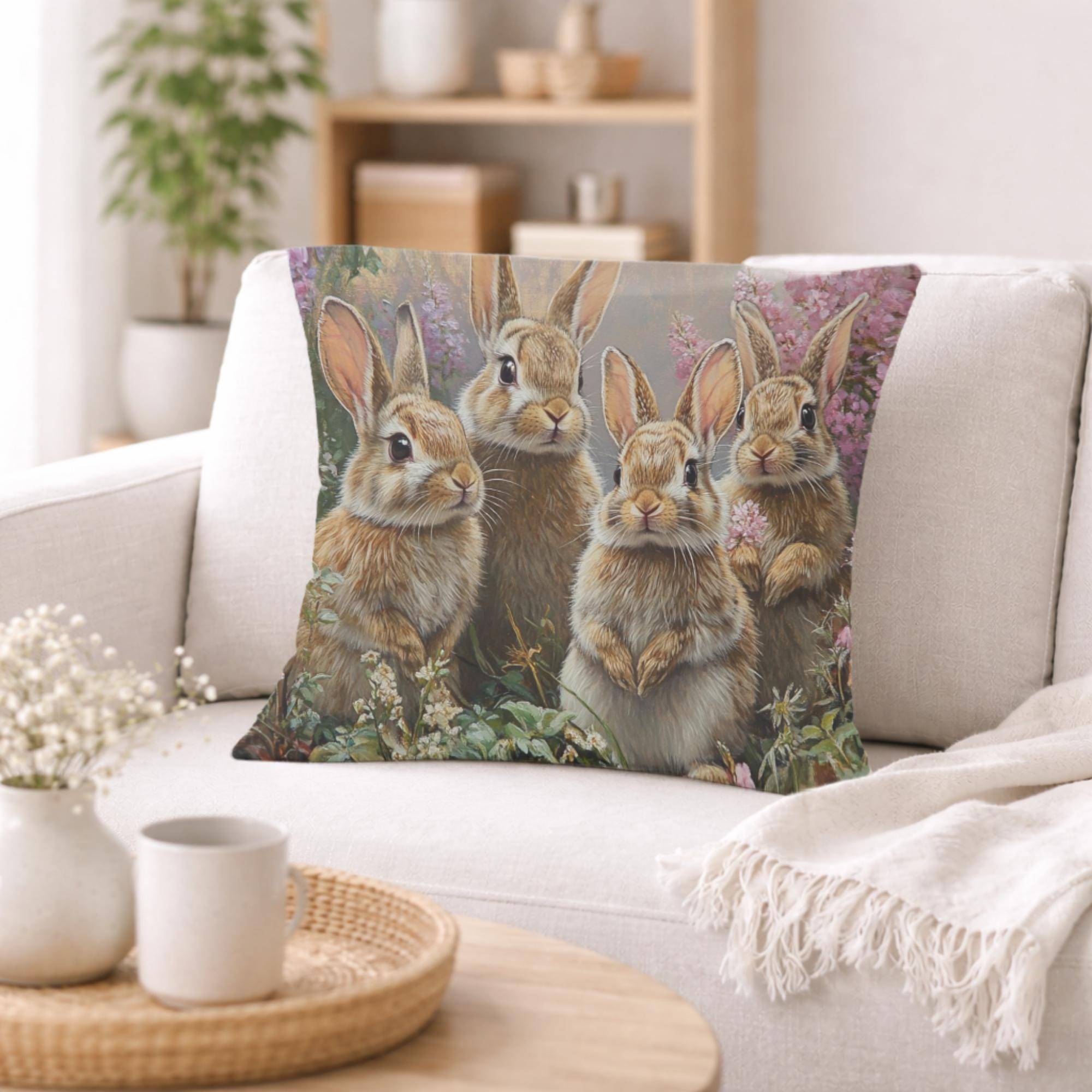 Spring Bunny Family Pillow, Cottage Garden Rabbits Cushion, Whimsical Woodland Throw Pillow, Farmhouse Animal Pillowcase, Spring Couch Decor