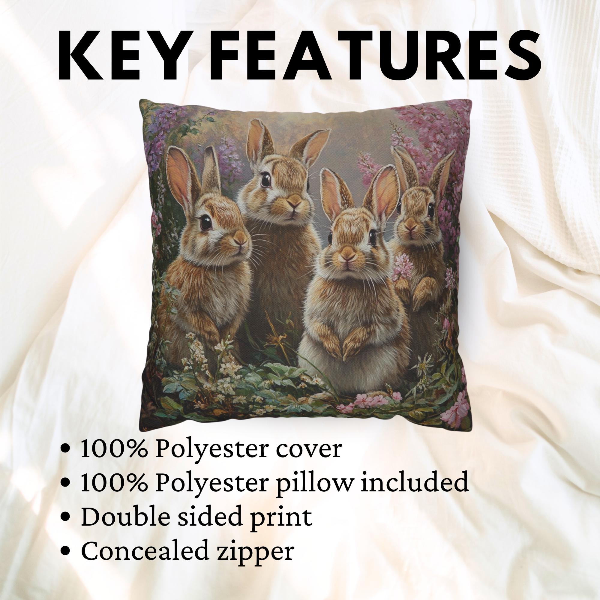 Spring Bunny Family Pillow, Cottage Garden Rabbits Cushion, Whimsical Woodland Throw Pillow, Farmhouse Animal Pillowcase, Spring Couch Decor