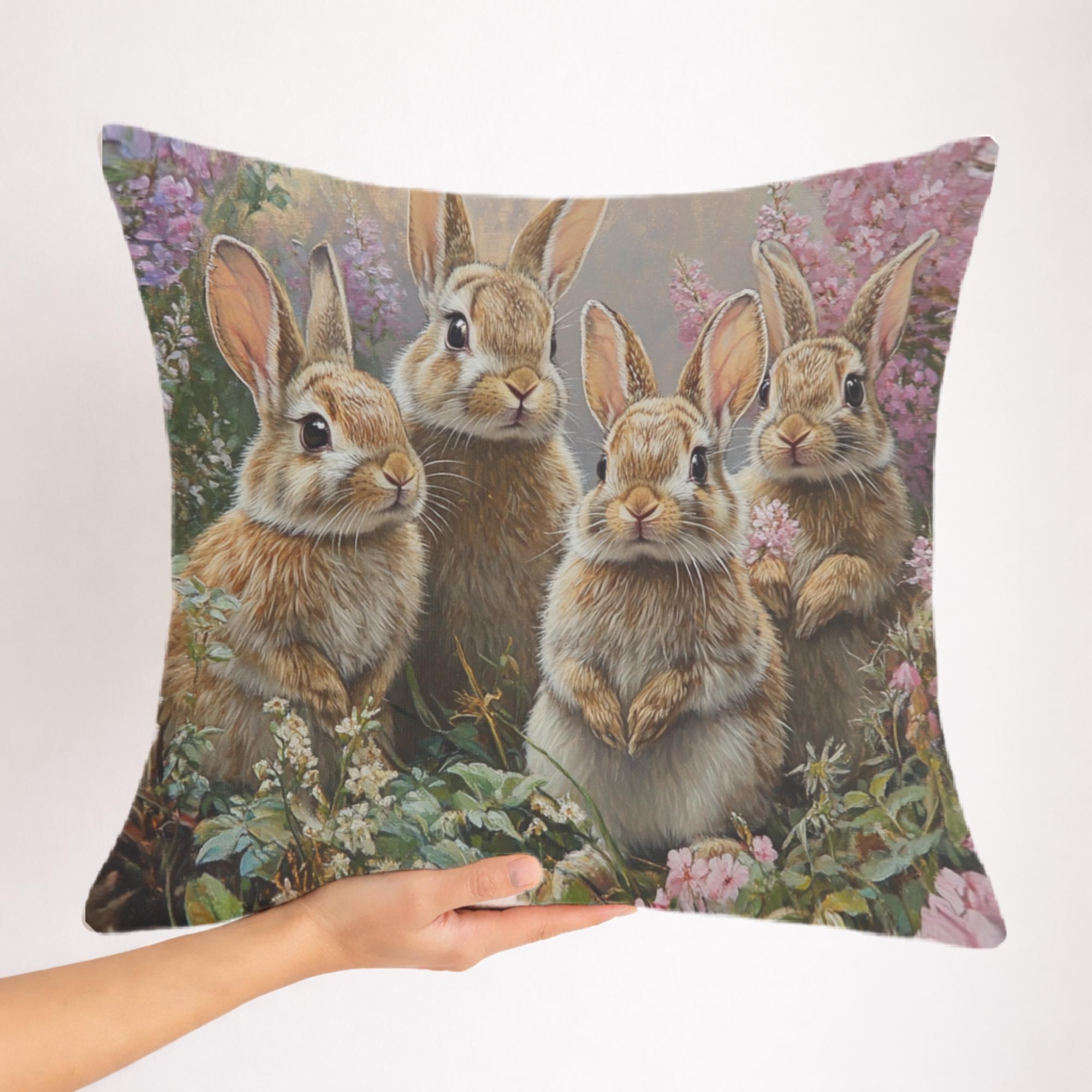 Spring Bunny Family Pillow, Cottage Garden Rabbits Cushion, Whimsical Woodland Throw Pillow, Farmhouse Animal Pillowcase, Spring Couch Decor