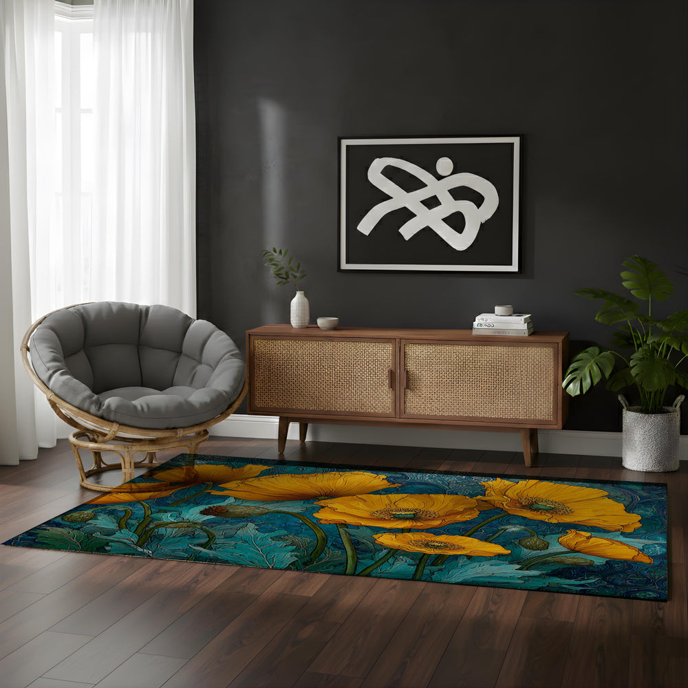 Art Nouveau Poppy Area Rug, Golden Floral Botanical Floor Decor, Teal Blue Vintage Garden Pattern Rug, Statement Living Room Accent