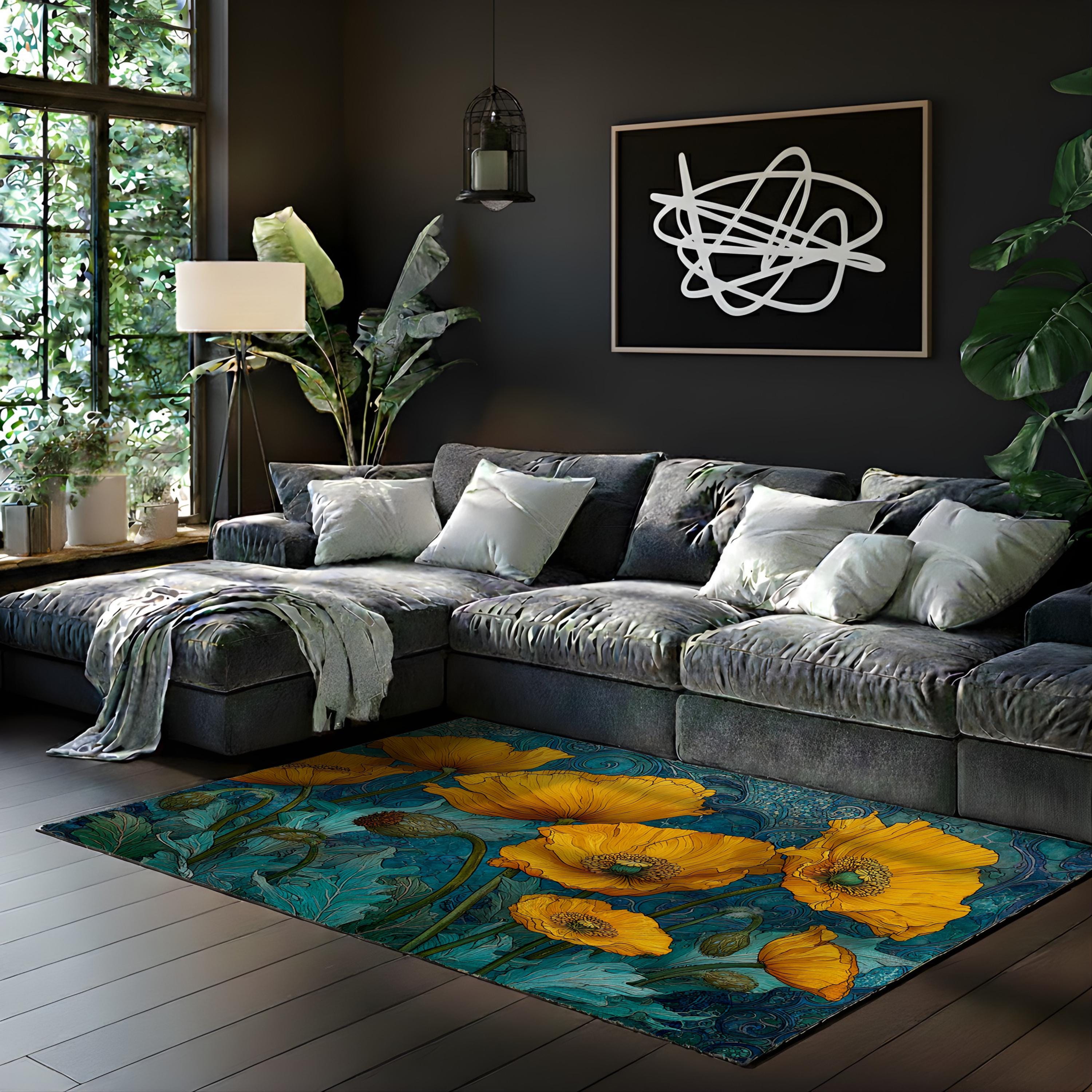 Art Nouveau Poppy Area Rug, Golden Floral Botanical Floor Decor, Teal Blue Vintage Garden Pattern Rug, Statement Living Room Accent