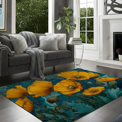 Art Nouveau Poppy Area Rug, Golden Floral Botanical Floor Decor, Teal Blue Vintage Garden Pattern Rug, Statement Living Room Accent