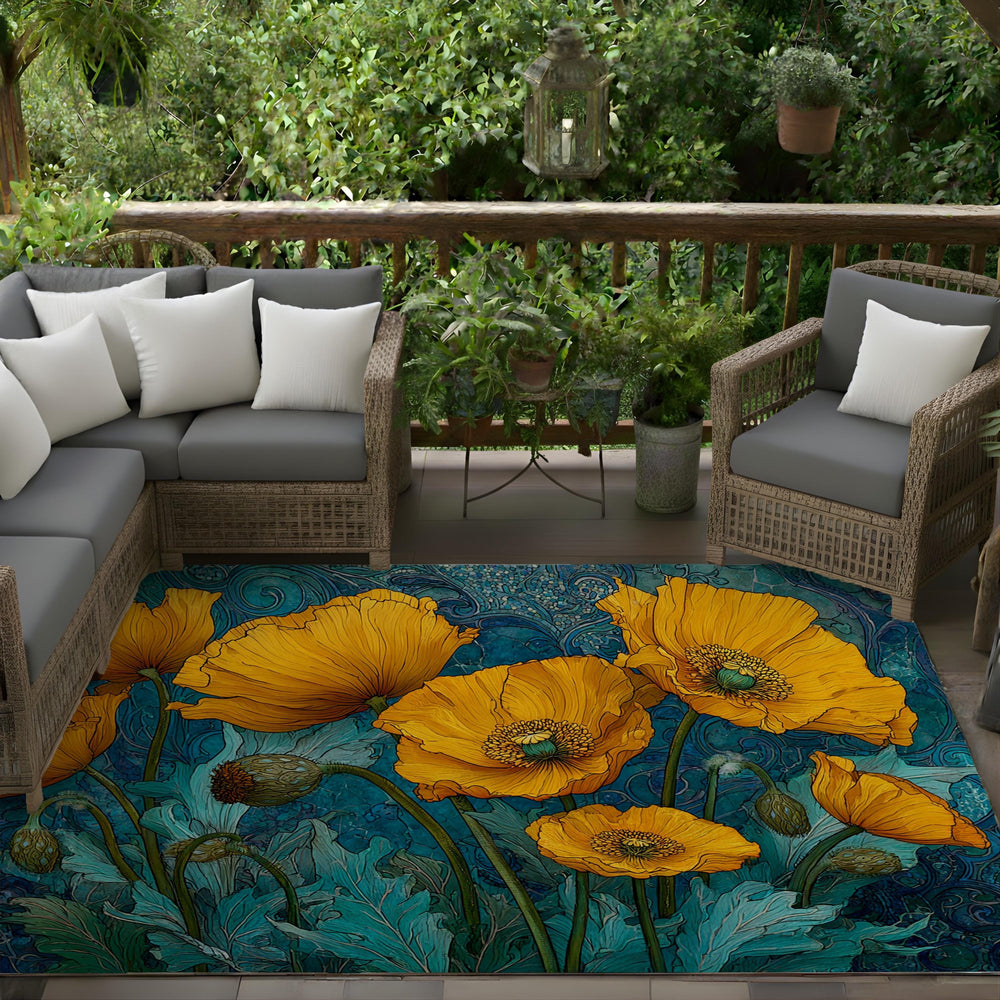 Art Nouveau Poppy Area Rug, Golden Floral Botanical Floor Decor, Teal Blue Vintage Garden Pattern Rug, Statement Living Room Accent