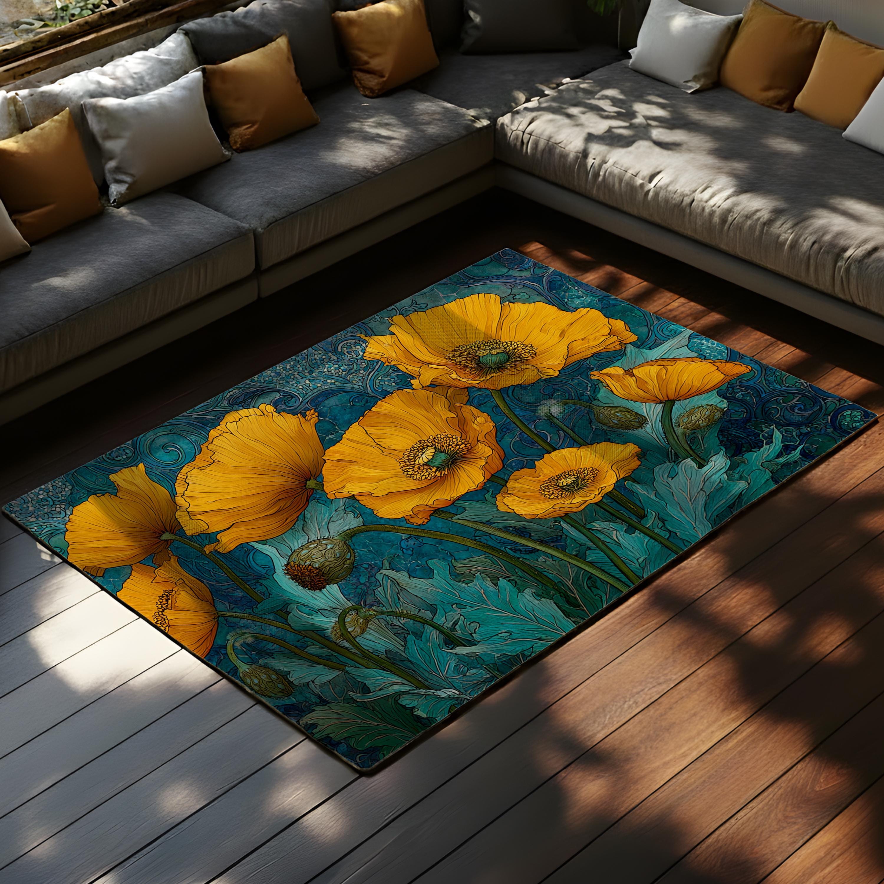 Art Nouveau Poppy Area Rug, Golden Floral Botanical Floor Decor, Teal Blue Vintage Garden Pattern Rug, Statement Living Room Accent