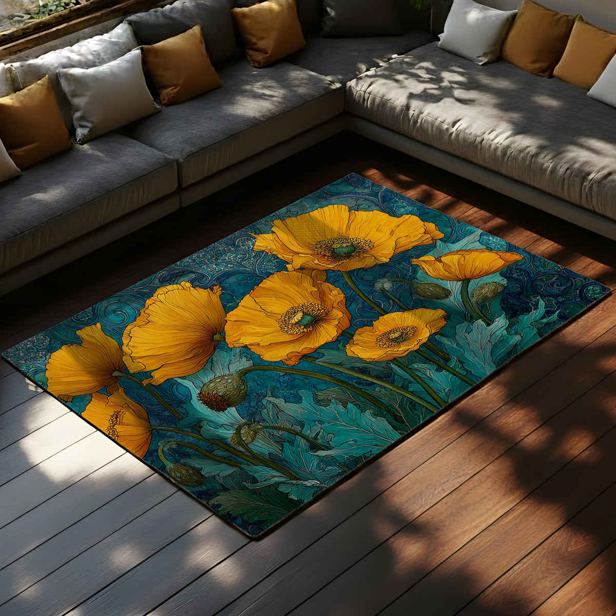 Art Nouveau Poppy Area Rug, Golden Floral Botanical Floor Decor, Teal Blue Vintage Garden Pattern Rug, Statement Living Room Accent