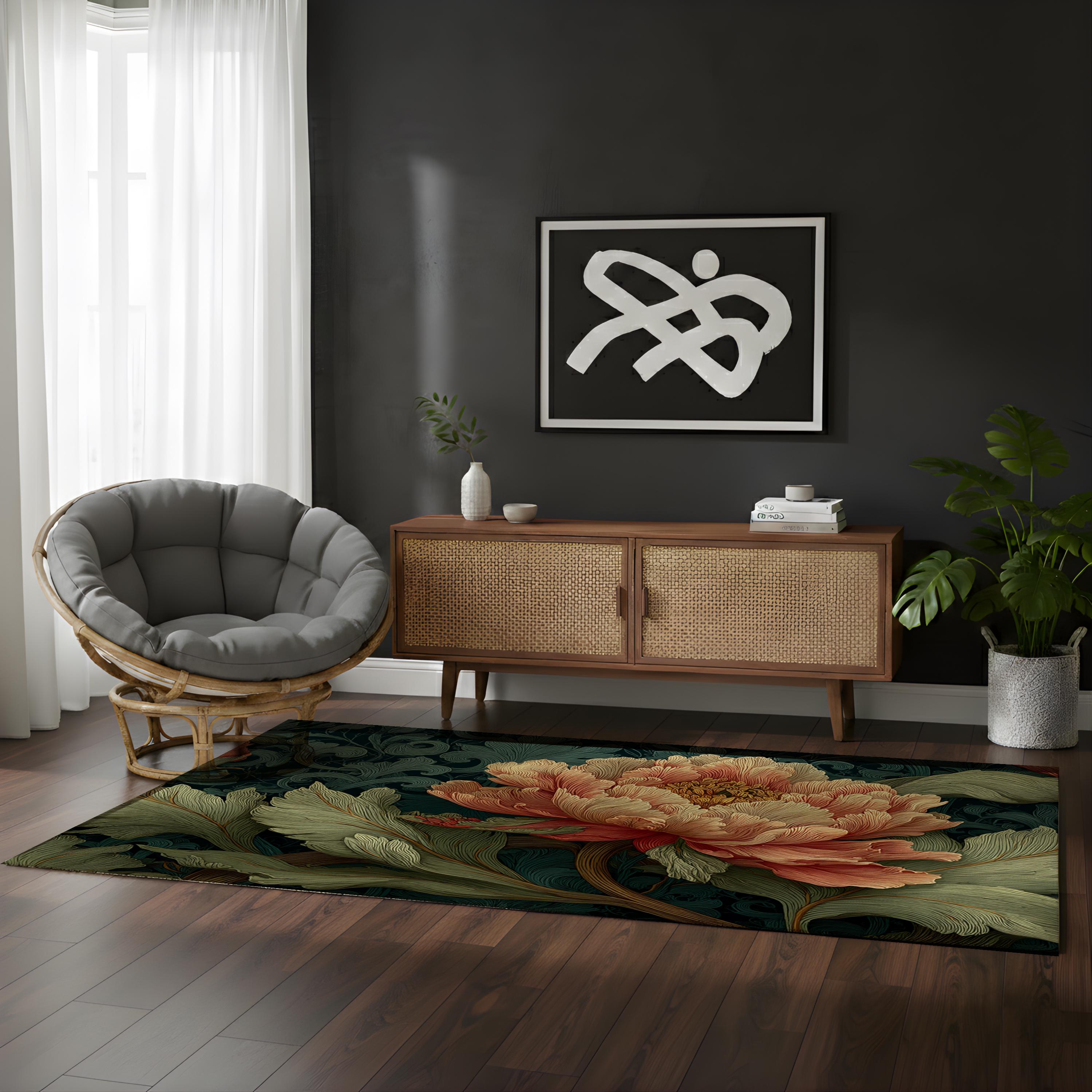 Art Nouveau Peony Area Rug, Vintage Floral Botanical Floor Decor, Dark Green Garden Pattern Rug, Elegant Living Room Accent