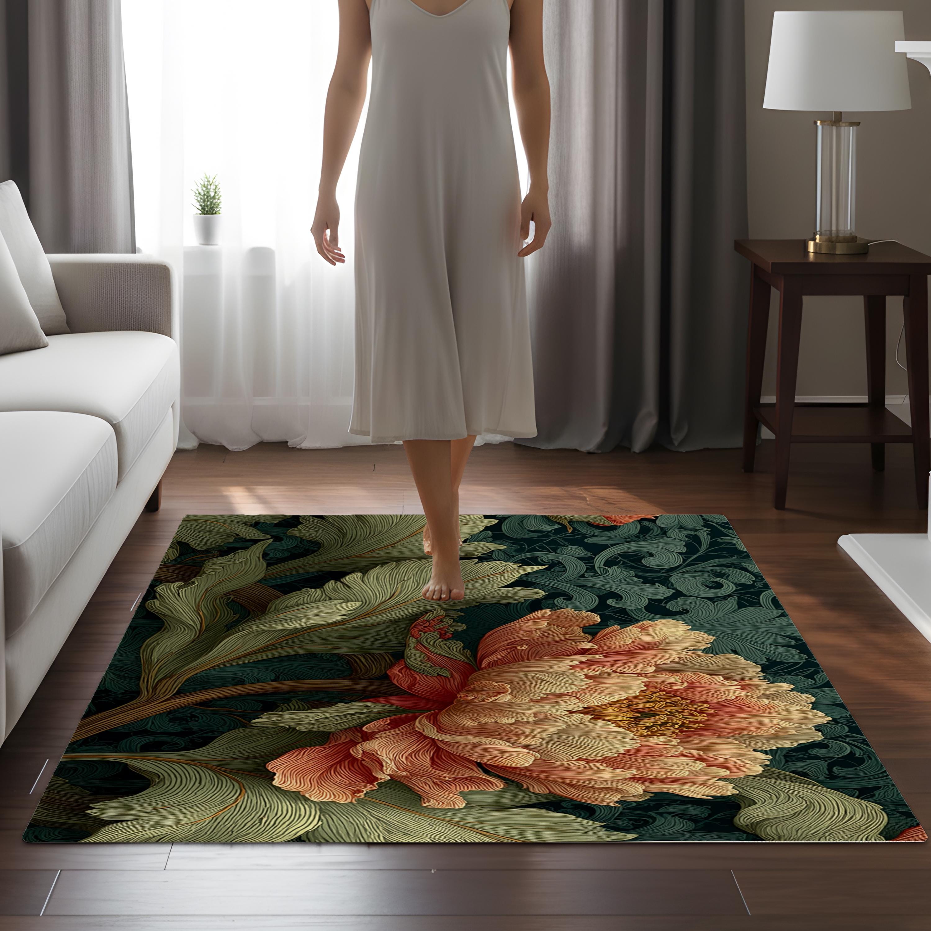 Art Nouveau Peony Area Rug, Vintage Floral Botanical Floor Decor, Dark Green Garden Pattern Rug, Elegant Living Room Accent
