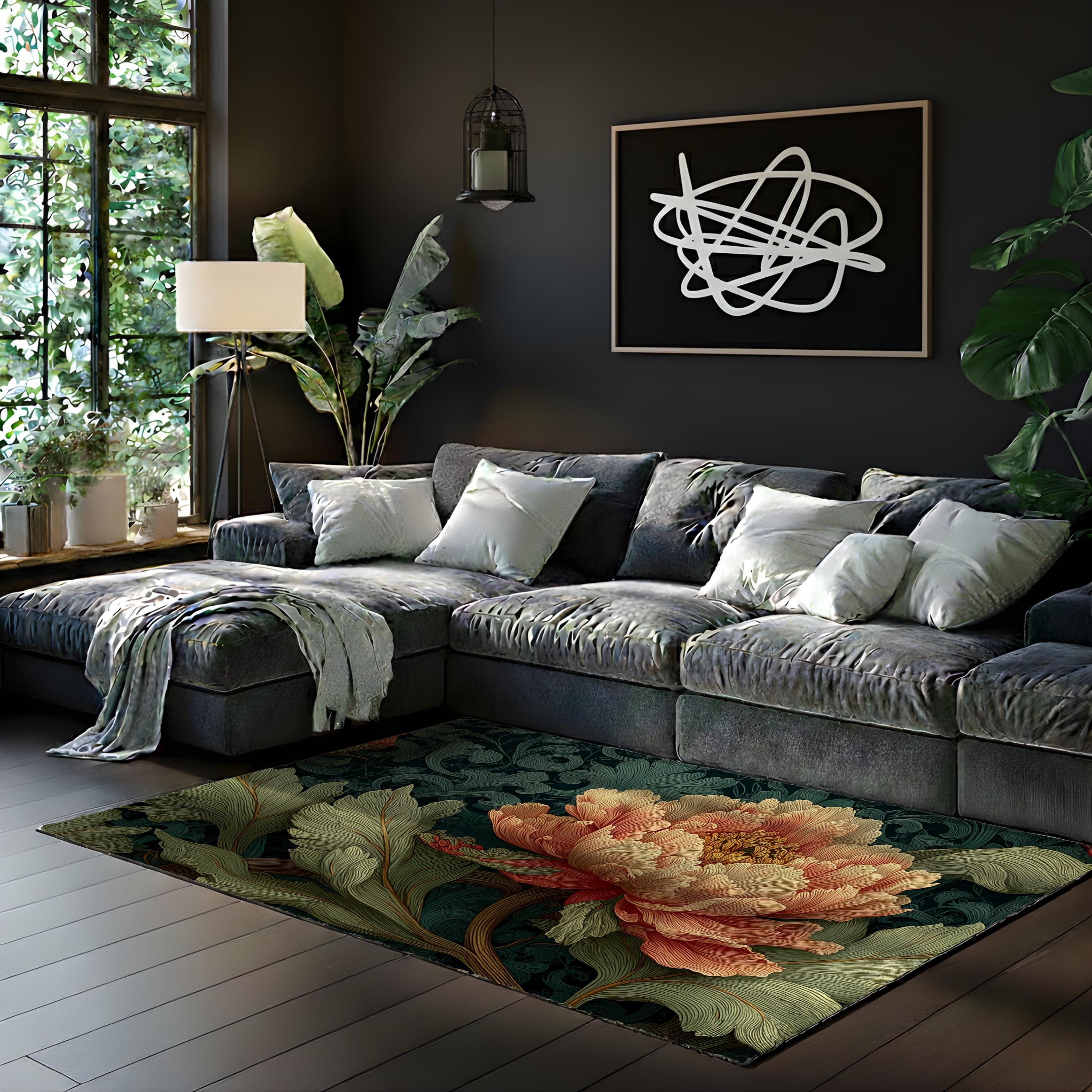 Art Nouveau Peony Area Rug, Vintage Floral Botanical Floor Decor, Dark Green Garden Pattern Rug, Elegant Living Room Accent