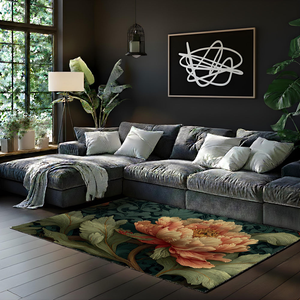 Art Nouveau Peony Area Rug, Vintage Floral Botanical Floor Decor, Dark Green Garden Pattern Rug, Elegant Living Room Accent