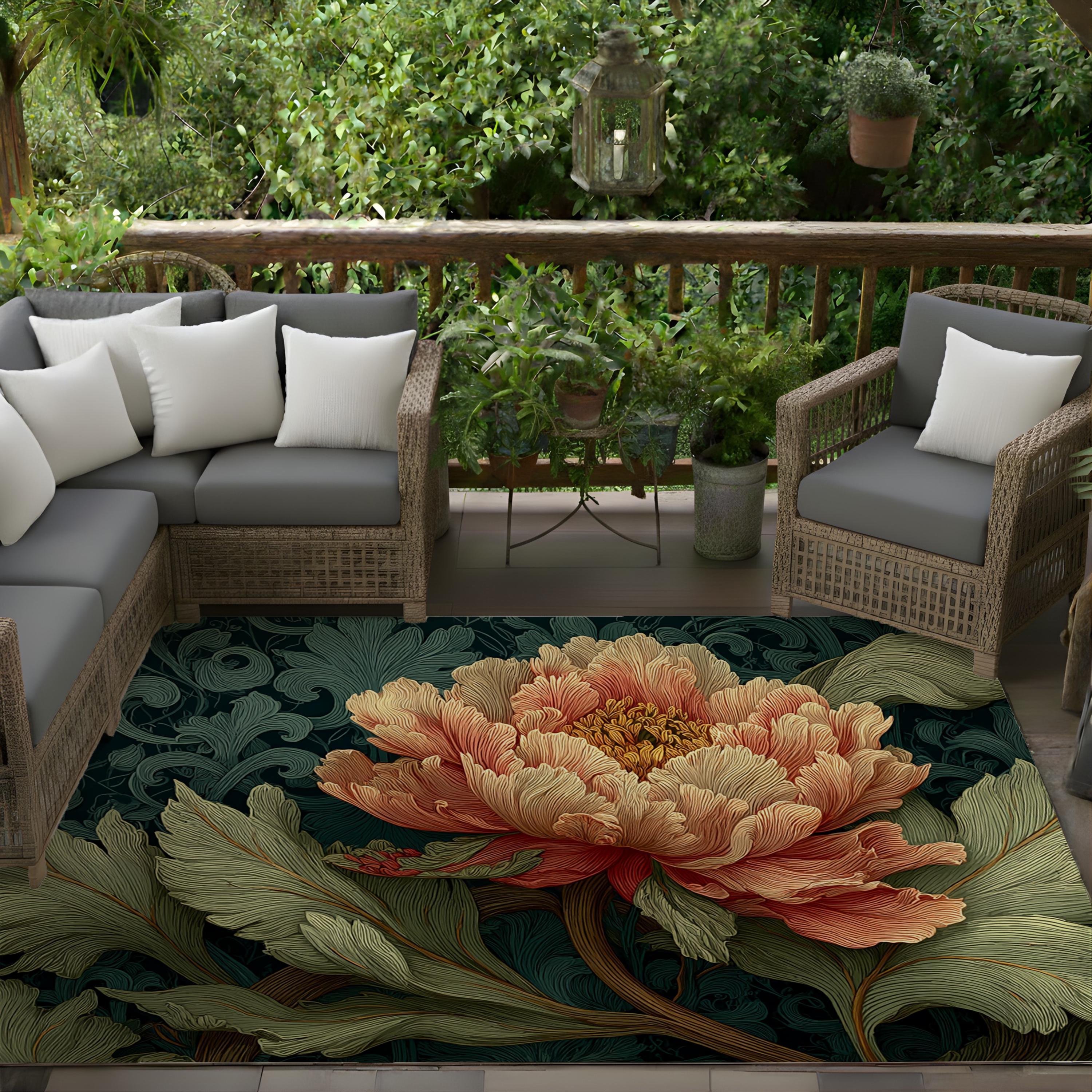 Art Nouveau Peony Area Rug, Vintage Floral Botanical Floor Decor, Dark Green Garden Pattern Rug, Elegant Living Room Accent