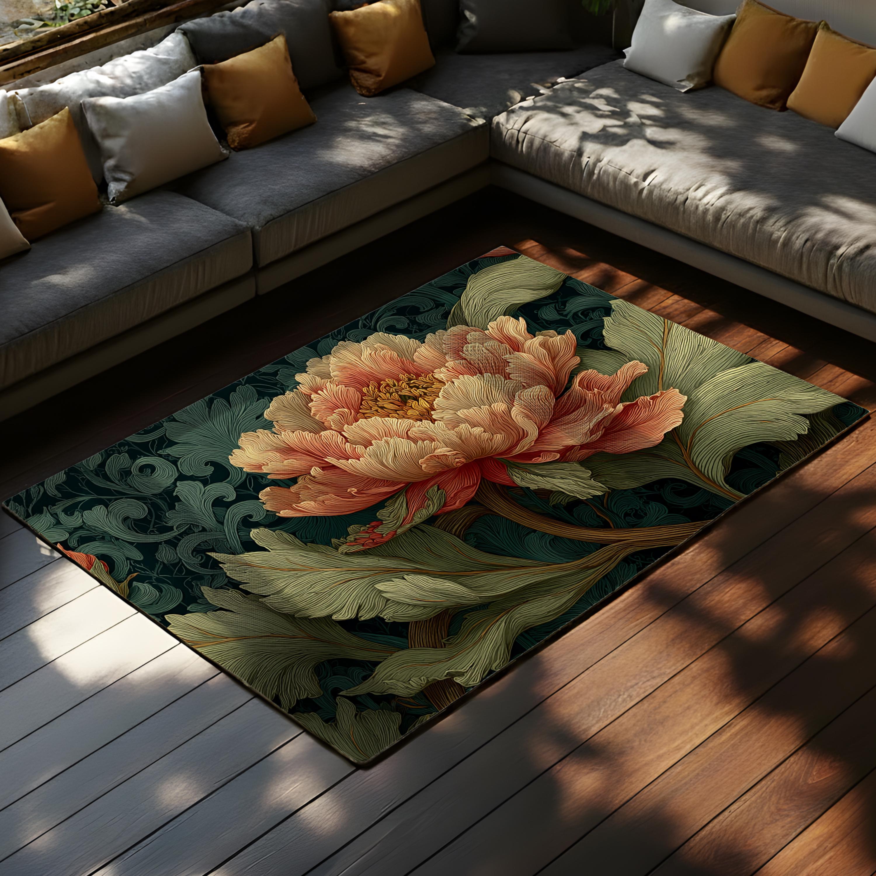Art Nouveau Peony Area Rug, Vintage Floral Botanical Floor Decor, Dark Green Garden Pattern Rug, Elegant Living Room Accent