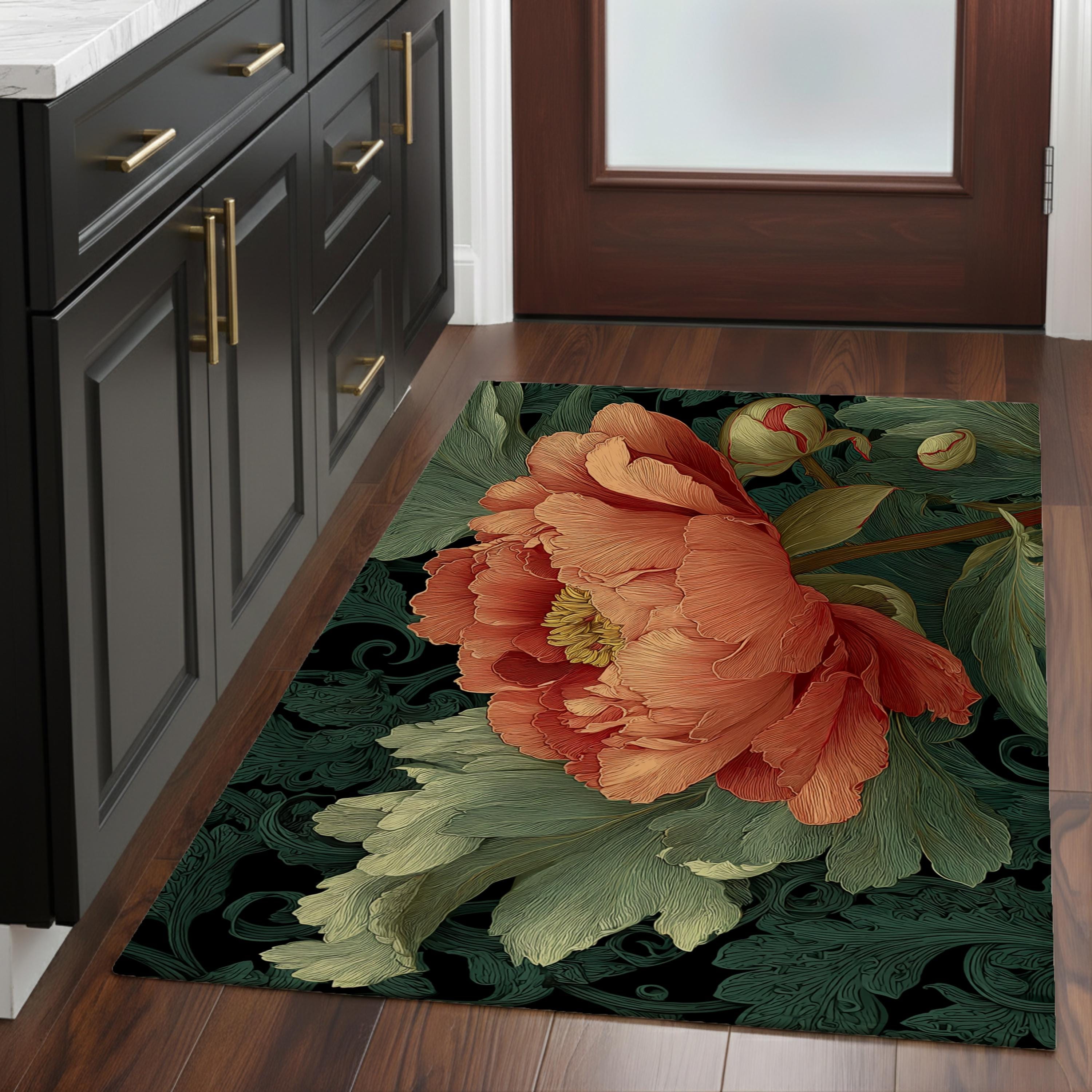 William Morris Peony Area Rug, Vintage Botanical Floral Floor Decor, Coral Green Art Nouveau Garden Pattern Rug, Elegant Home Accent