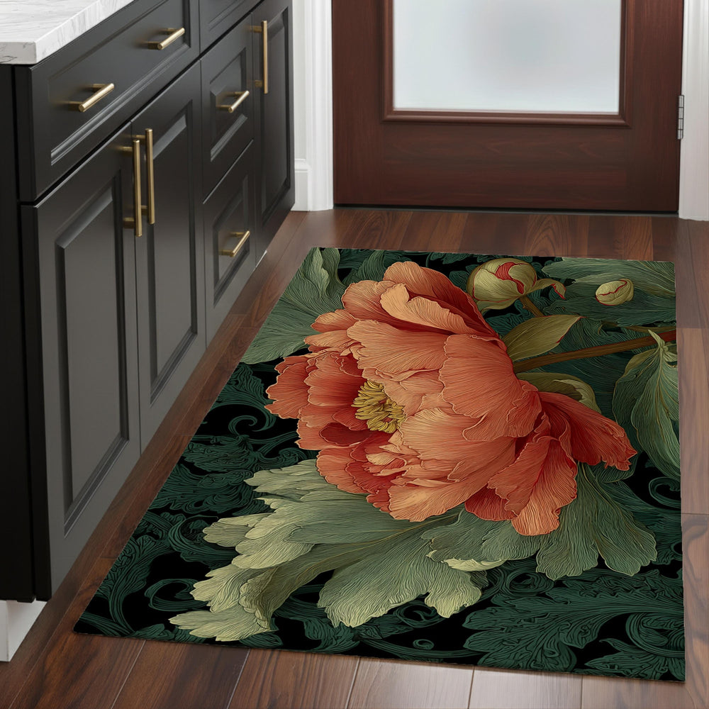 William Morris Peony Area Rug, Vintage Botanical Floral Floor Decor, Coral Green Art Nouveau Garden Pattern Rug, Elegant Home Accent