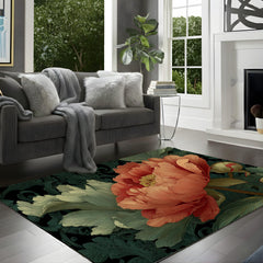 William Morris Peony Area Rug, Vintage Botanical Floral Floor Decor, Coral Green Art Nouveau Garden Pattern Rug, Elegant Home Accent