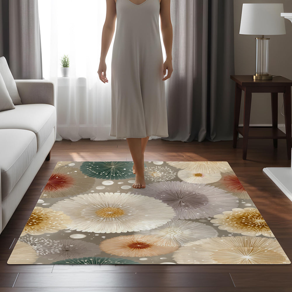 Neutral Mandala Area Rug, Soft Abstract Floral Floor Decor, Beige Cream Modern Pattern Rug, Cozy Living Room Accent