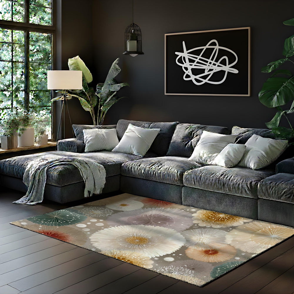Neutral Mandala Area Rug, Soft Abstract Floral Floor Decor, Beige Cream Modern Pattern Rug, Cozy Living Room Accent