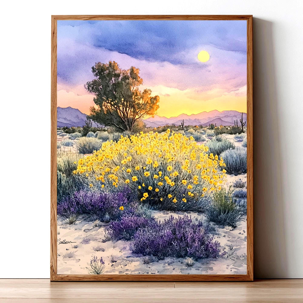 Desert Wildflower Wall Art, Saguaro Sunset Canvas Print, Southwest Landscape Poster, Framed Floral Nature Painting, Serene Nature Home Decor