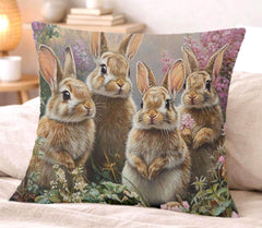 Spring Bunny Family Pillow, Cottage Garden Rabbits Cushion, Whimsical Woodland Throw Pillow, Farmhouse Animal Pillowcase, Spring Couch Decor