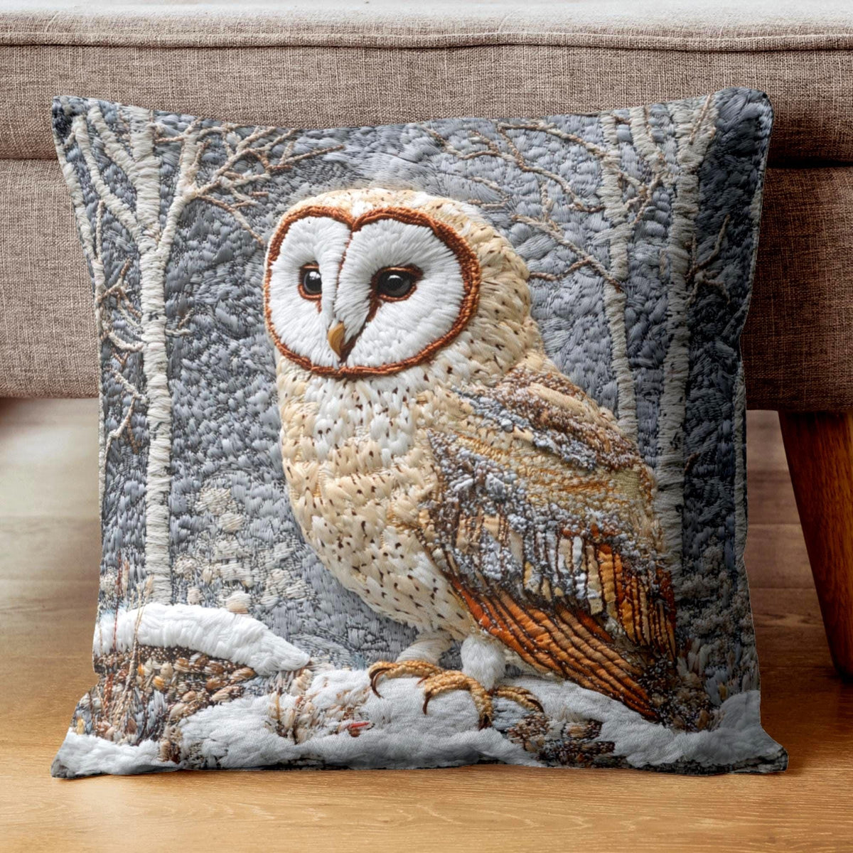 Winter Woodland Barn Owl Throw Pillow, Folk Art Cushion, Neutral Forest Wildlife Decor, Cozy Cottage Accent, Nature Inspired Pillow