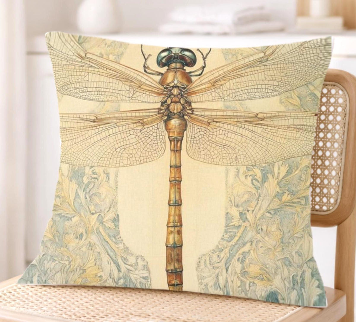 Vintage Dragonfly Pillow, William Morris Style Insect Art Cushion, Botanical Illustration Throw Pillow, Nature-Inspired Pillowcase Decor