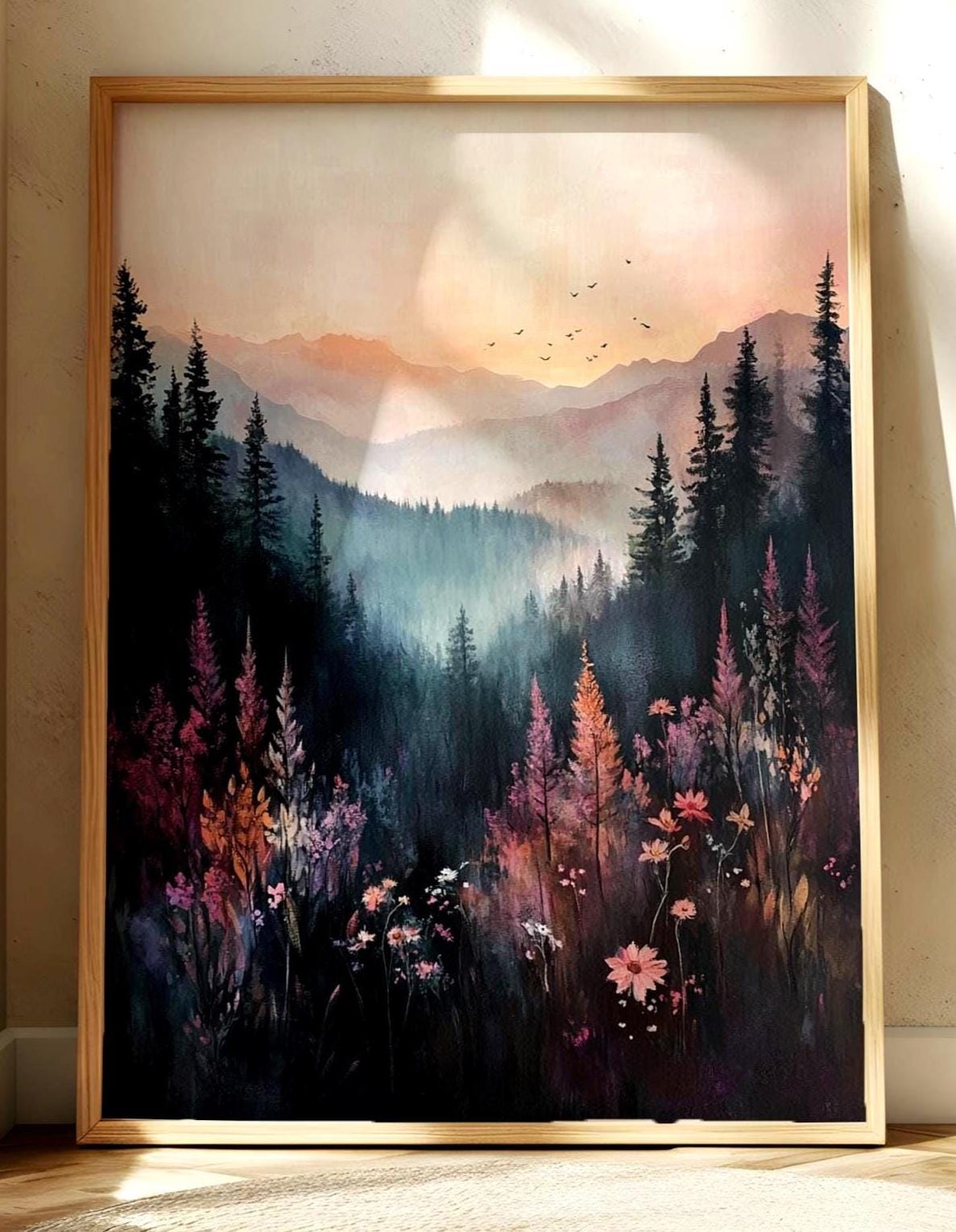 Moody Mountain Wall Art, Misty Forest Valley Canvas, Wildflower Landscape Print, Nature Wall Decor, Elegant Home Accent