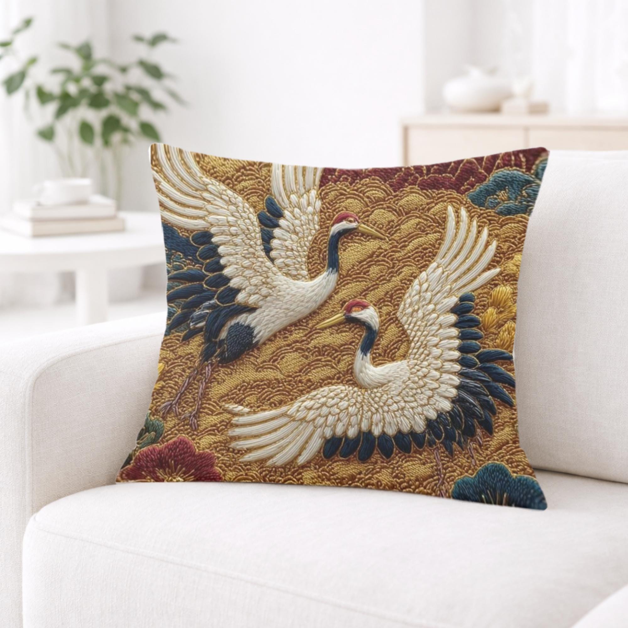 Crane Faux Embroidery Pillow, Vintage Asian Bird Cushion, Ornate Floral Throw Pillow, Whimsical Textile Pillowcase, Elegant Nature Decor