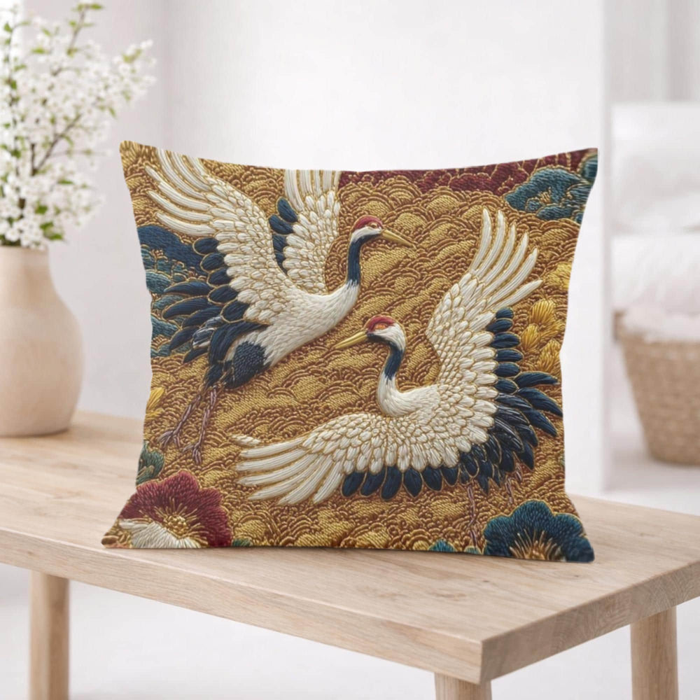 Crane Faux Embroidery Pillow, Vintage Asian Bird Cushion, Ornate Floral Throw Pillow, Whimsical Textile Pillowcase, Elegant Nature Decor
