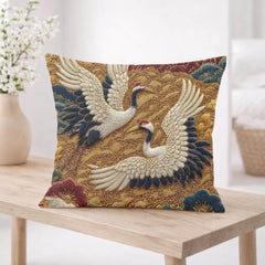Crane Faux Embroidery Pillow, Vintage Asian Bird Cushion, Ornate Floral Throw Pillow, Whimsical Textile Pillowcase, Elegant Nature Decor