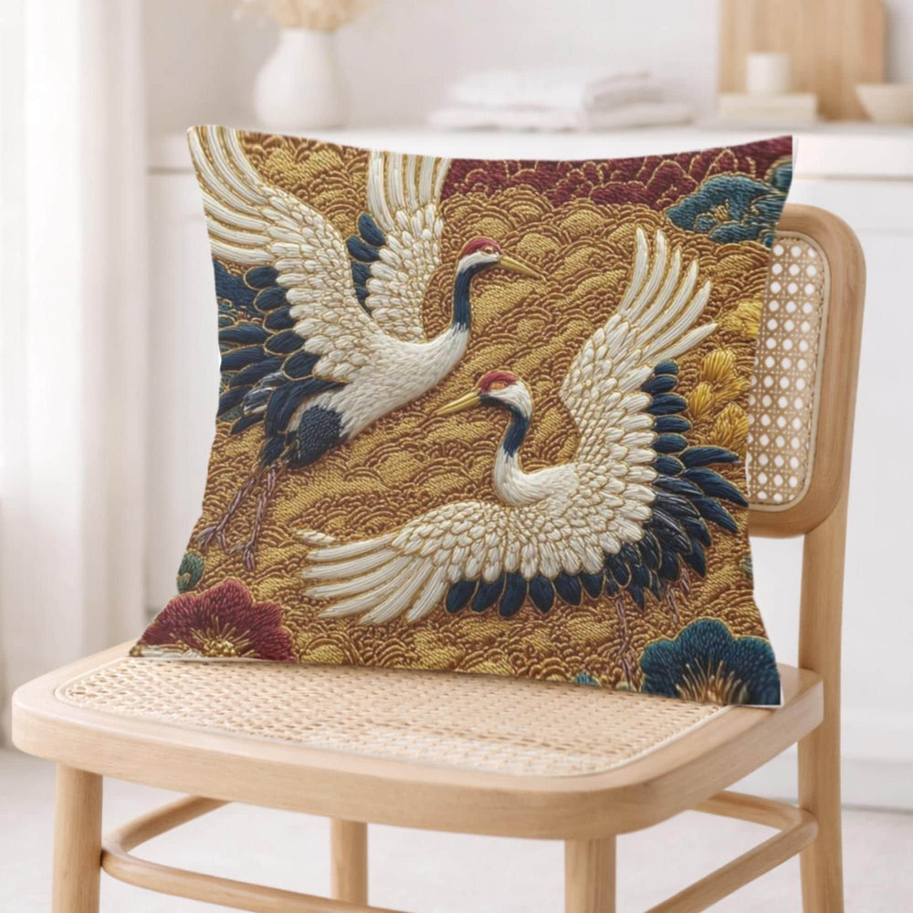 Crane Faux Embroidery Pillow, Vintage Asian Bird Cushion, Ornate Floral Throw Pillow, Whimsical Textile Pillowcase, Elegant Nature Decor