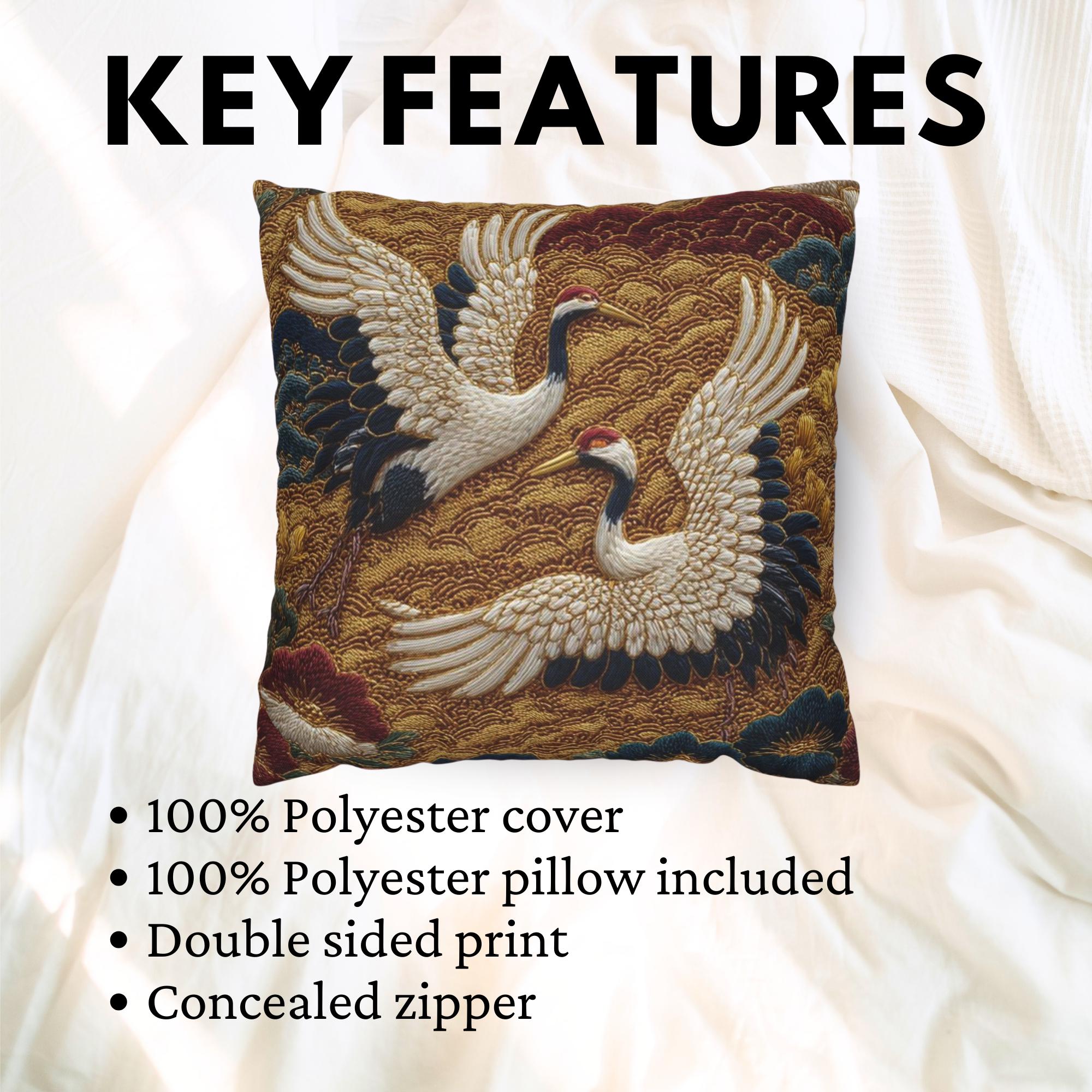 Crane Faux Embroidery Pillow, Vintage Asian Bird Cushion, Ornate Floral Throw Pillow, Whimsical Textile Pillowcase, Elegant Nature Decor