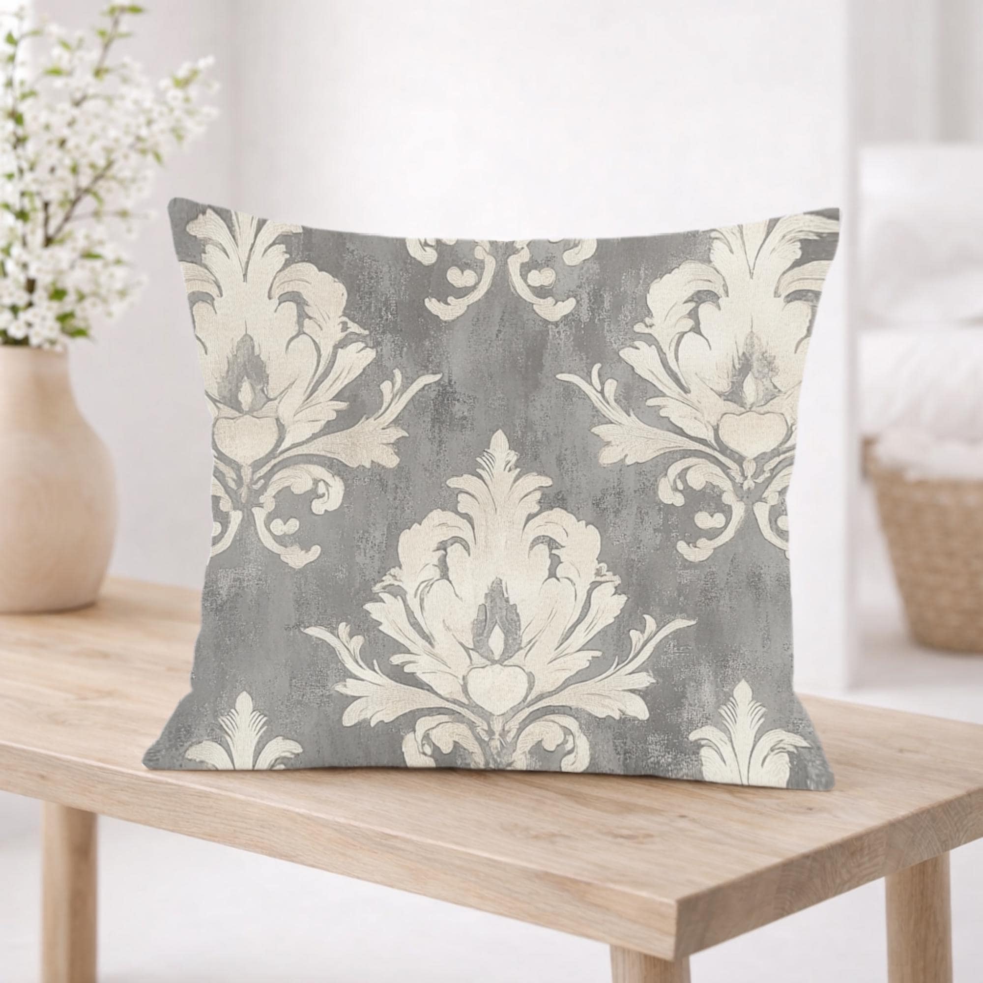 Vintage Gray Damask Pillow, Neutral Ornate Throw Pillow, Classic European Pattern Cushion, Elegant Farmhouse Pillowcase, Timeless Home Decor