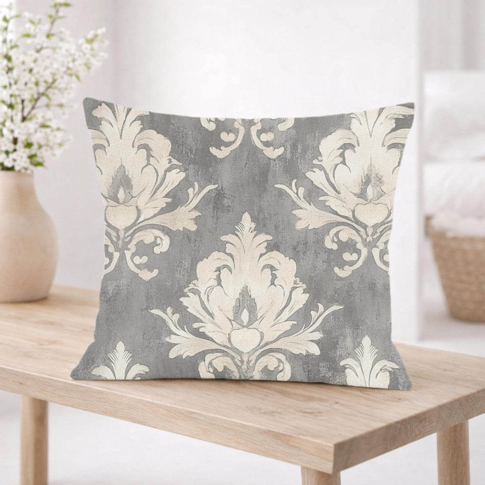Vintage Gray Damask Pillow, Neutral Ornate Throw Pillow, Classic European Pattern Cushion, Elegant Farmhouse Pillowcase, Timeless Home Decor