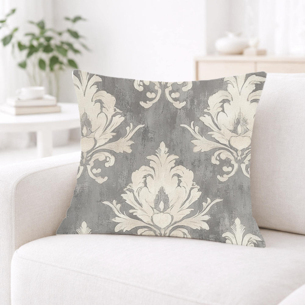 Vintage Gray Damask Pillow, Neutral Ornate Throw Pillow, Classic European Pattern Cushion, Elegant Farmhouse Pillowcase, Timeless Home Decor