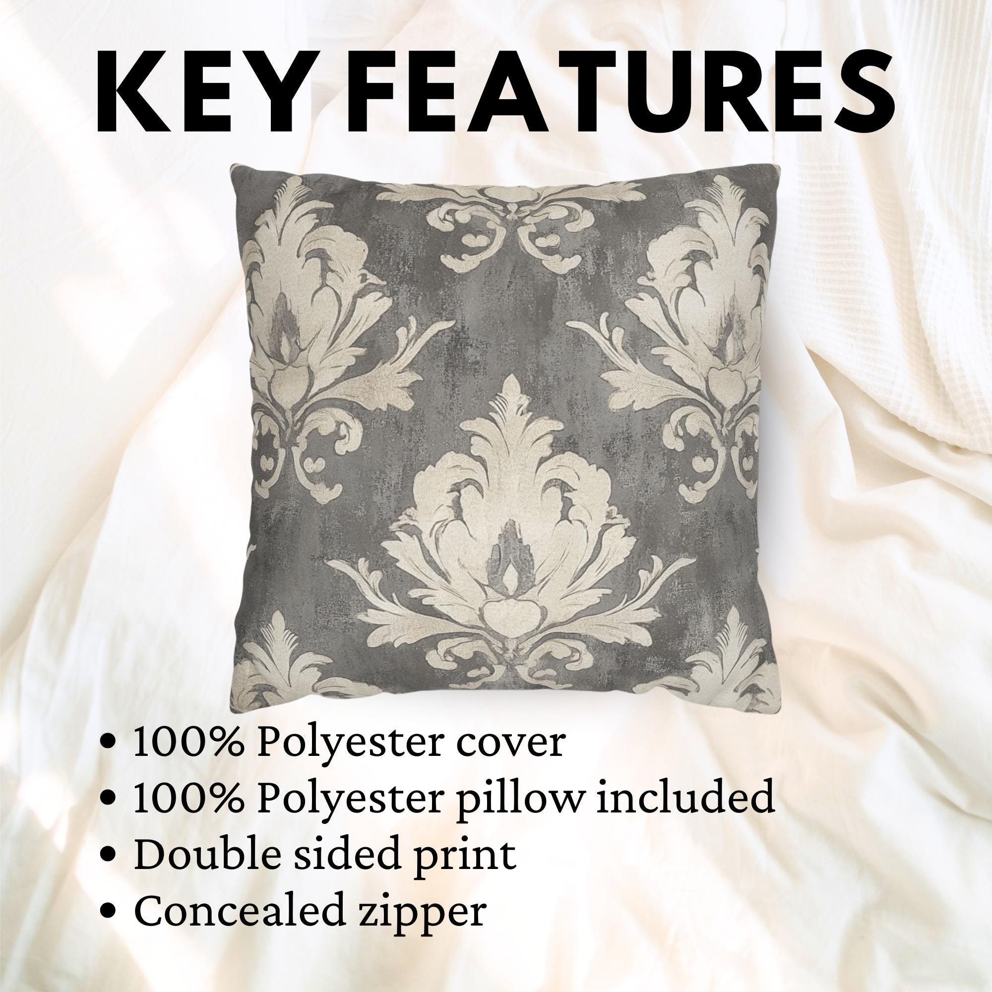 Vintage Gray Damask Pillow, Neutral Ornate Throw Pillow, Classic European Pattern Cushion, Elegant Farmhouse Pillowcase, Timeless Home Decor