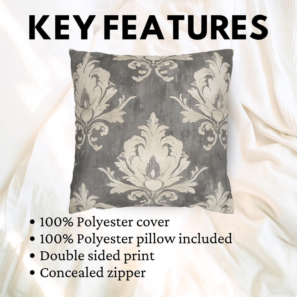 Vintage Gray Damask Pillow, Neutral Ornate Throw Pillow, Classic European Pattern Cushion, Elegant Farmhouse Pillowcase, Timeless Home Decor