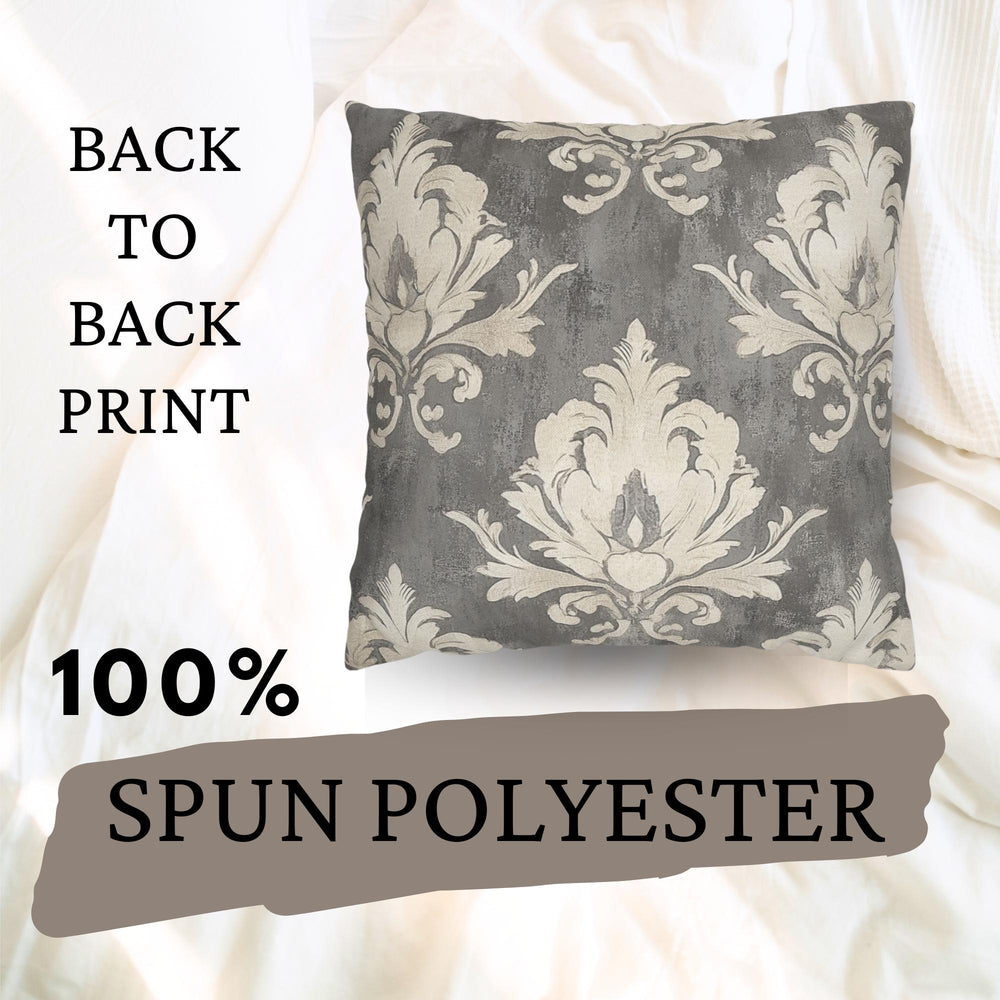 Vintage Gray Damask Pillow, Neutral Ornate Throw Pillow, Classic European Pattern Cushion, Elegant Farmhouse Pillowcase, Timeless Home Decor