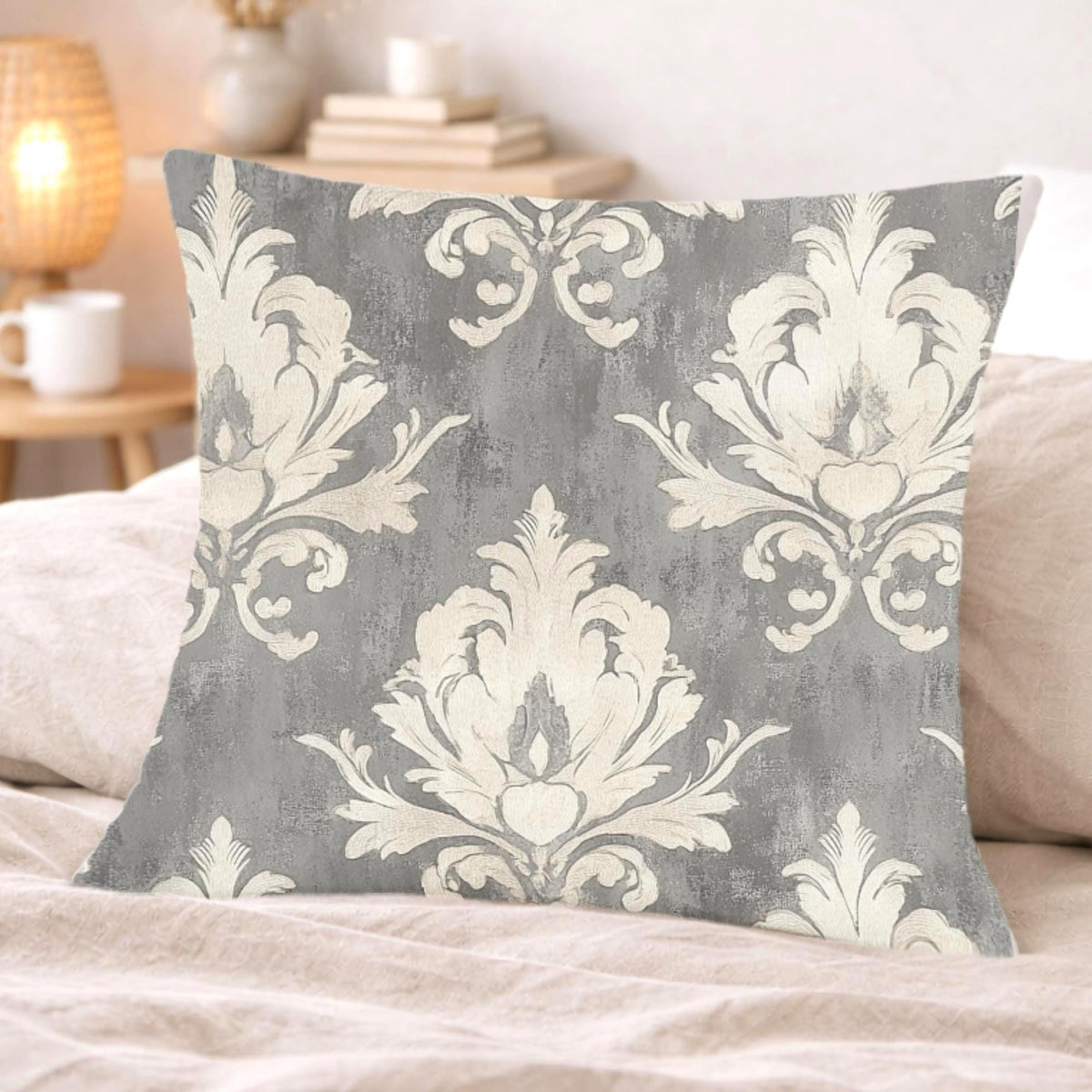 Vintage Gray Damask Pillow, Neutral Ornate Throw Pillow, Classic European Pattern Cushion, Elegant Farmhouse Pillowcase, Timeless Home Decor