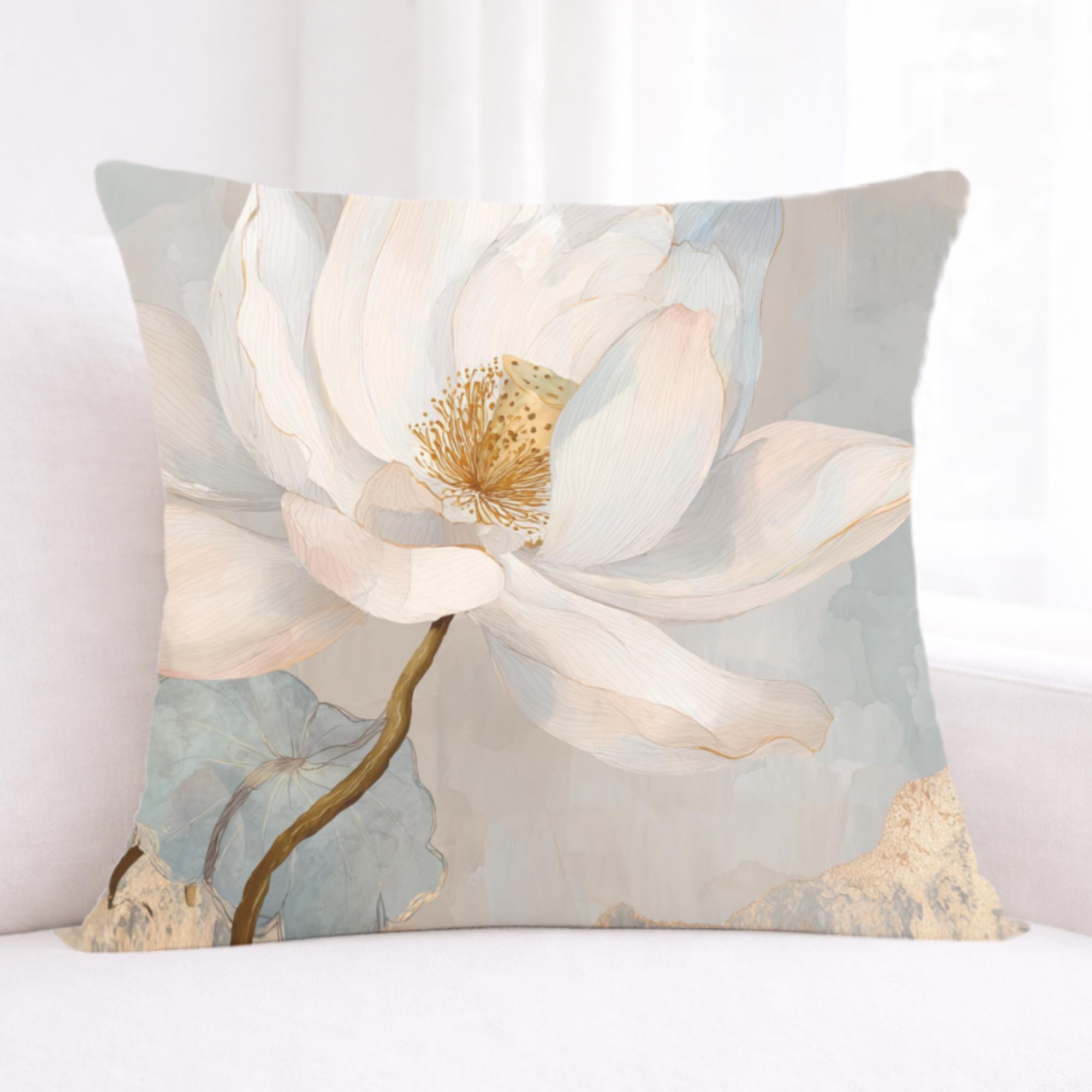 White Lotus Flower Pillow, Soft Neutral Floral Throw Pillow, Elegant Botanical Cushion, Serene Nature Pillowcase, Minimal Cottage Decor