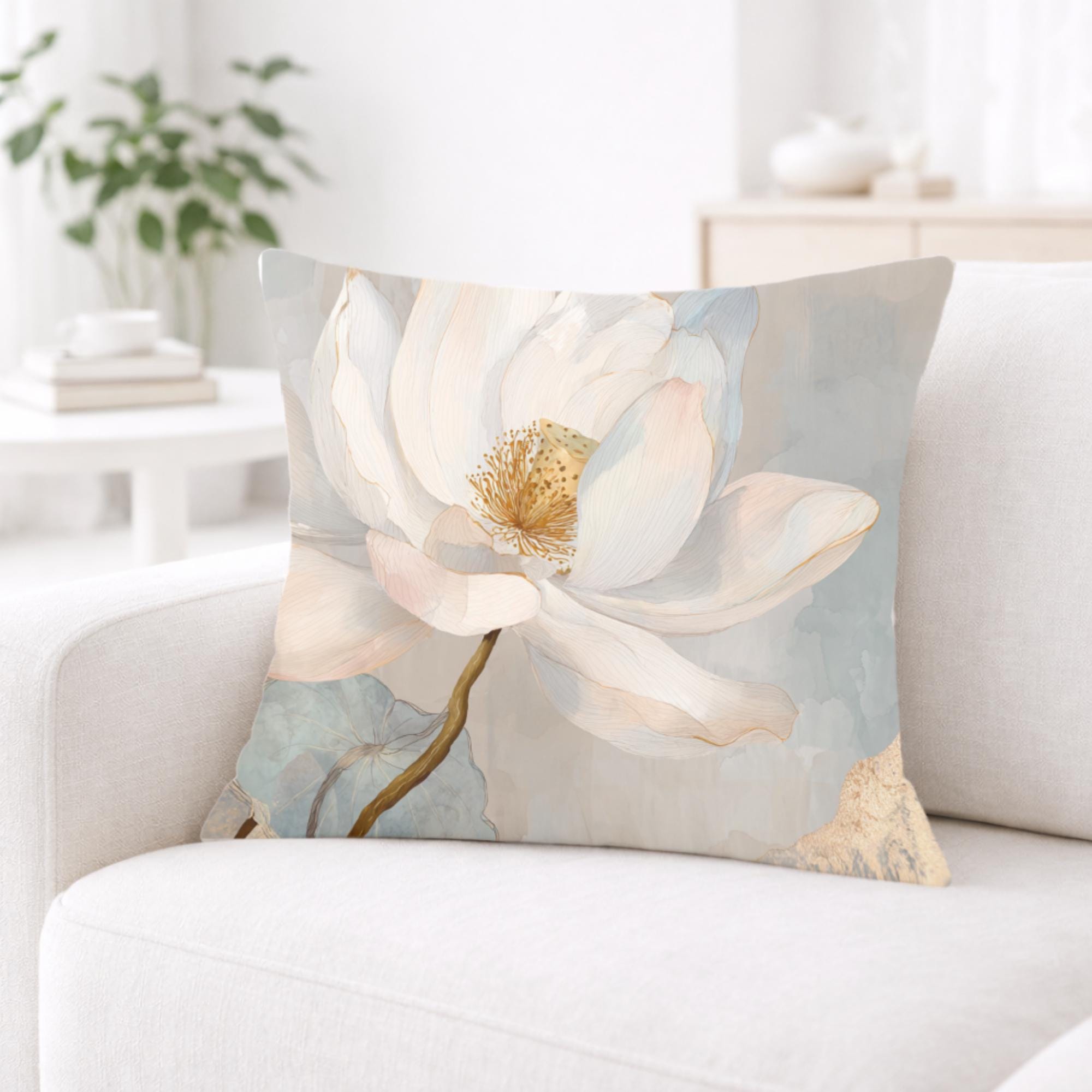 White Lotus Flower Pillow, Soft Neutral Floral Throw Pillow, Elegant Botanical Cushion, Serene Nature Pillowcase, Minimal Cottage Decor