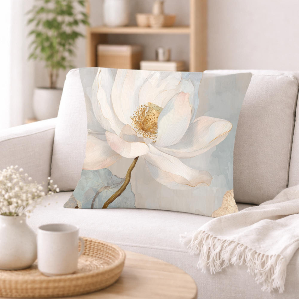 White Lotus Flower Pillow, Soft Neutral Floral Throw Pillow, Elegant Botanical Cushion, Serene Nature Pillowcase, Minimal Cottage Decor