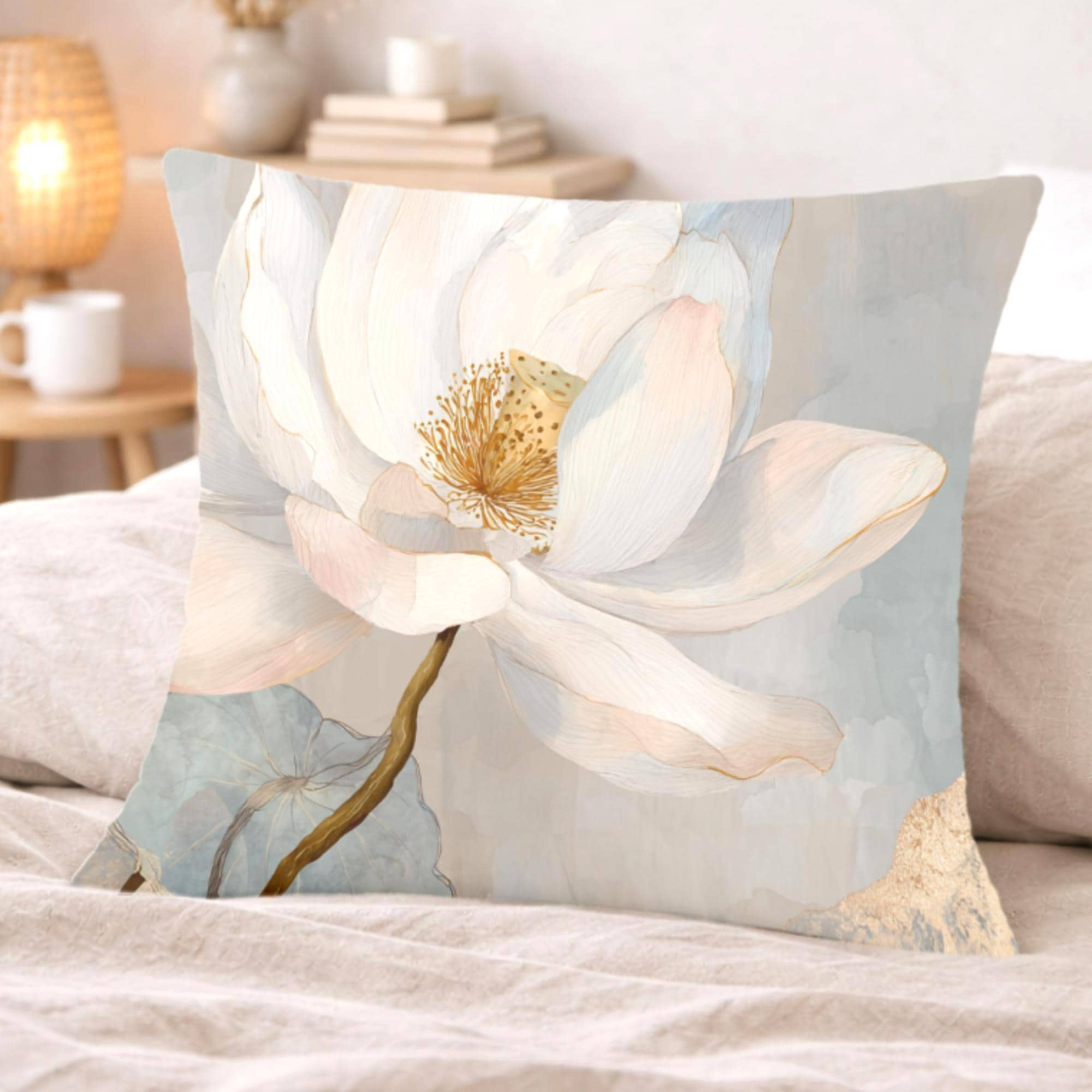 White Lotus Flower Pillow, Soft Neutral Floral Throw Pillow, Elegant Botanical Cushion, Serene Nature Pillowcase, Minimal Cottage Decor