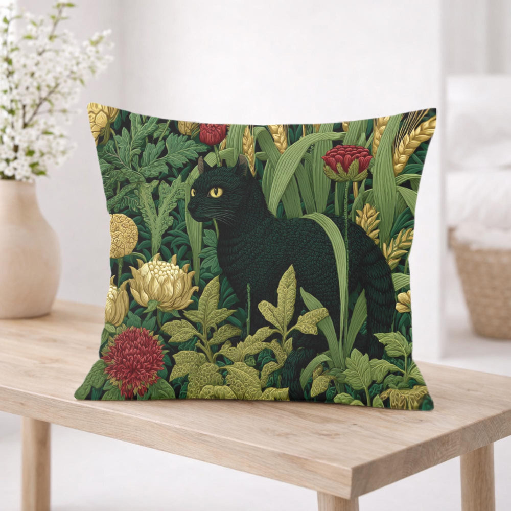Black Cat Garden Pillow, Moody Botanical Floral Throw Pillow, Elegant Nature Cushion, Vintage Cat Pillowcase, Cottage Garden Decor